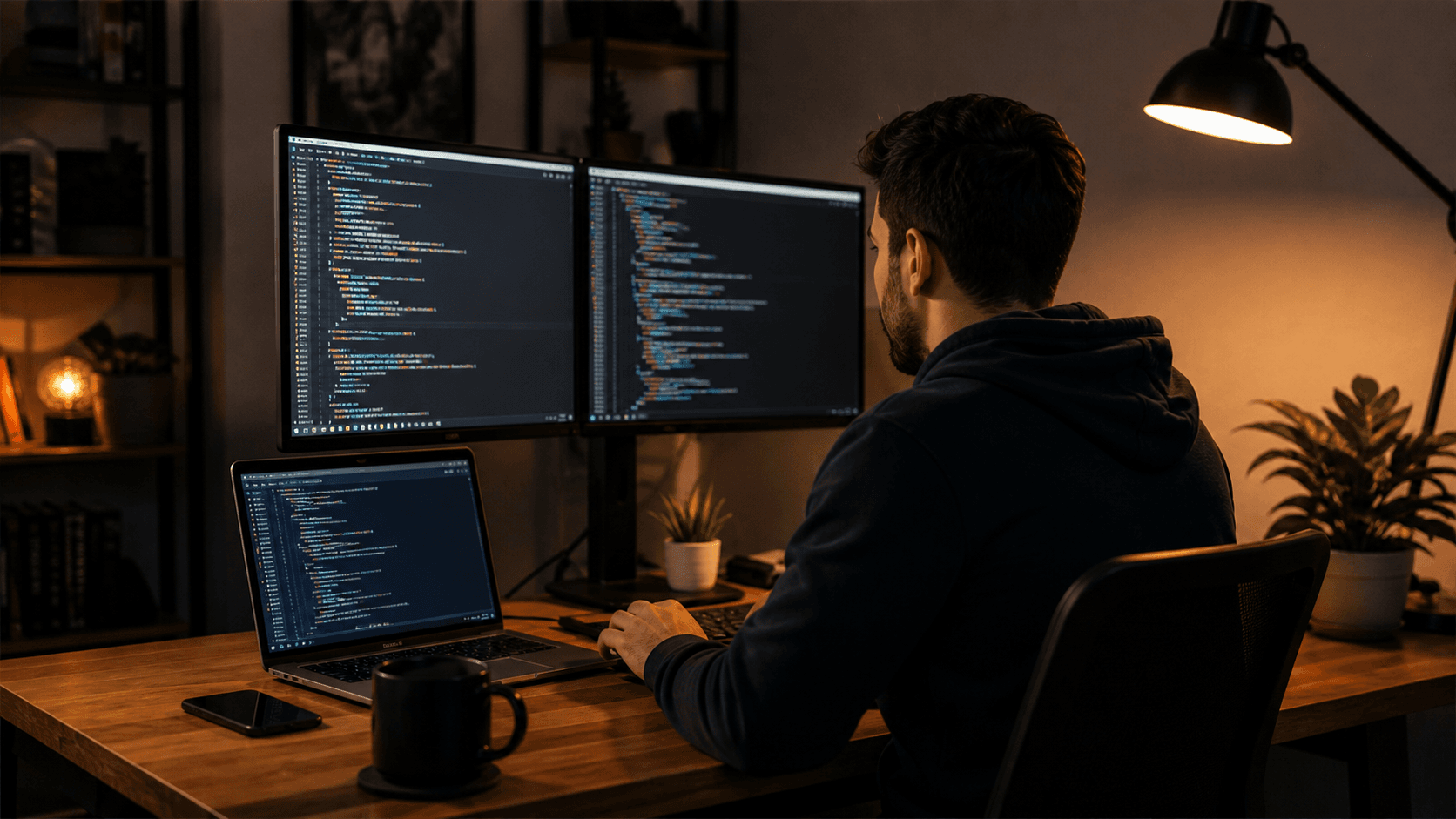 Developer working at a warm desk setup with laptop and dual monitors showing code.
