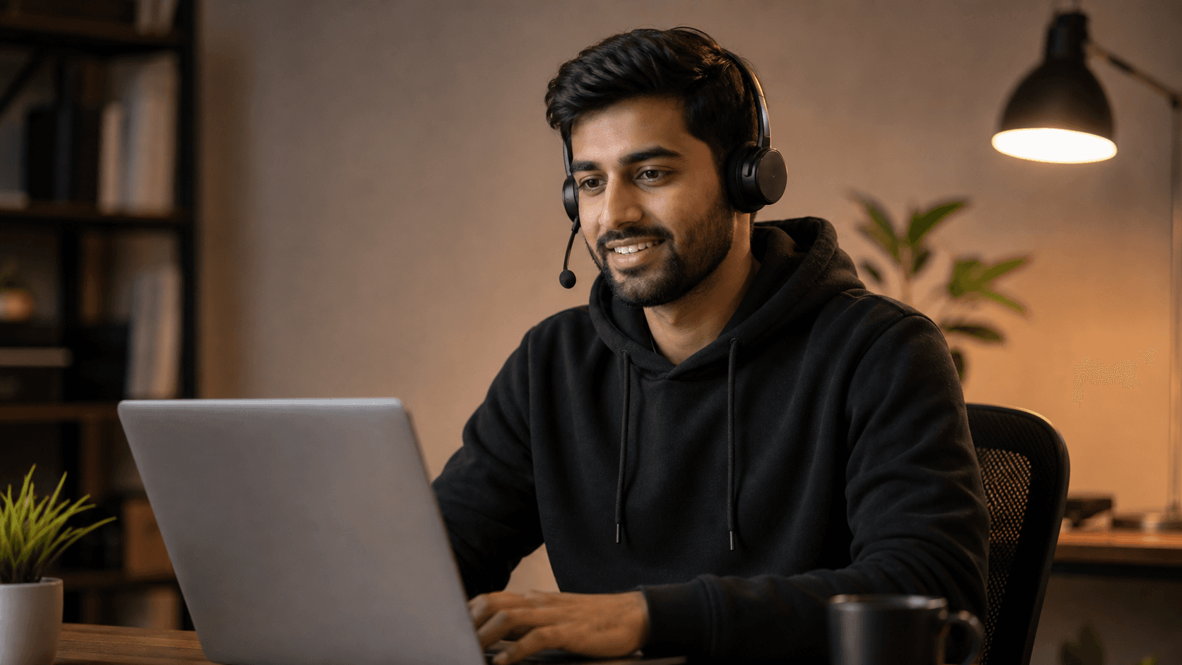 Developer support lead wearing a headset while working from a warm studio desk.