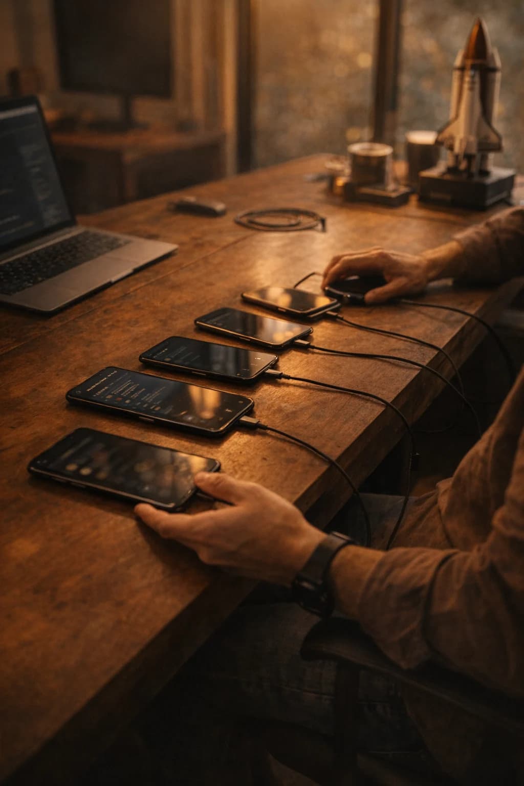 Editorial mobile QA and launch workflow scene with phones, notes, and a focused technical atmosphere.